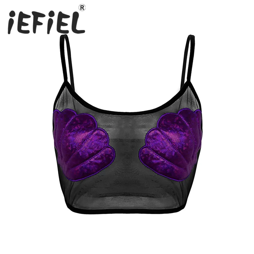 iEFiEL Newest Fashion Women Spaghetti Straps Sheer Mesh Mermaid Sea Shell Vest Crop Tank Top Party Clubwear Nightwear Crop Top