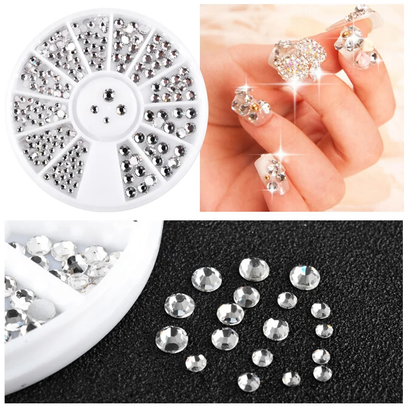 Strass pailletés colorés AB pour ongles, 1 boîte, perles de charme 3D, décorations en roues pour gel UV, accessoires de Nail Art, DIY