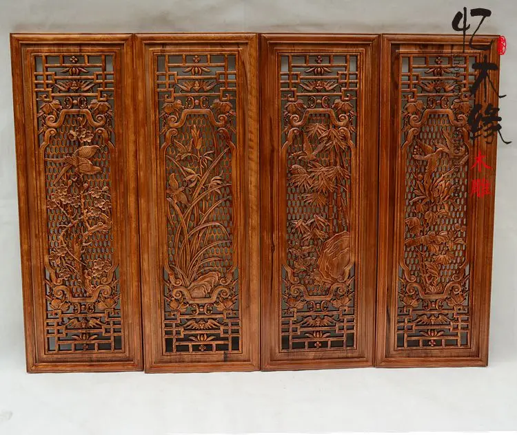 Dongyang wood carving Pendant hanging four screen combination Home Furnishing camphor wood carving crafts Chinese style decorati