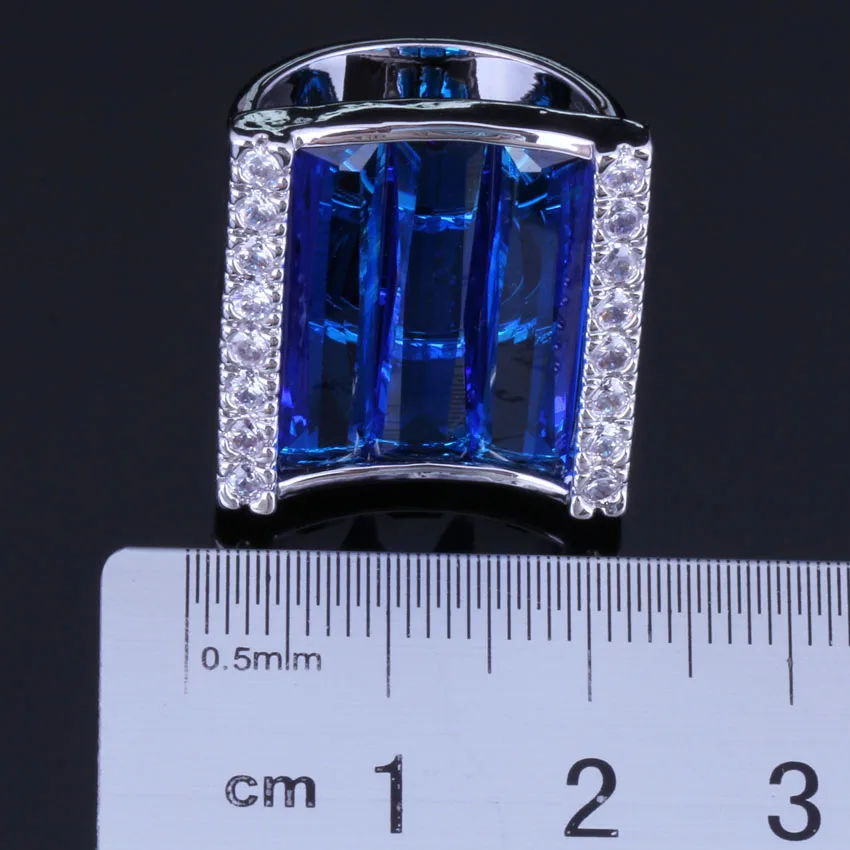 Glamorous Rectangle Blue Cubic Zirconia White CZ Silver Plated Ring V1065