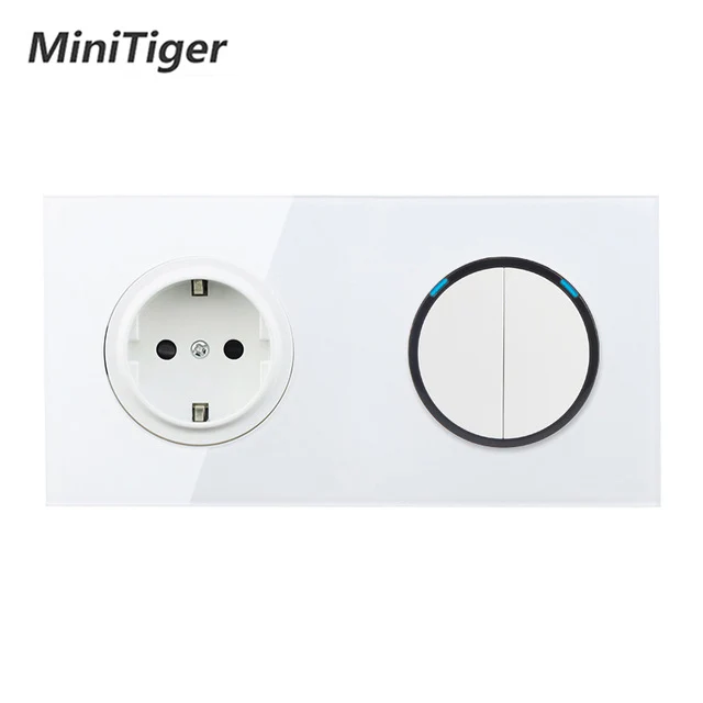 Minitiger White Crystal Glass Panel 16A EU Russia Standard Wall Power Socket + 1 Gang 1 Way On / Off Light Switch LED Indicator