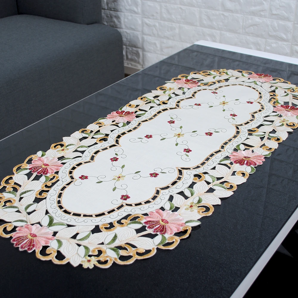 RAYUAN Handmade Embroidered Daisy Flower Cutwork Oval Tablecloth Wedding Party Decor Table Cover Table Cloth 40x85CM