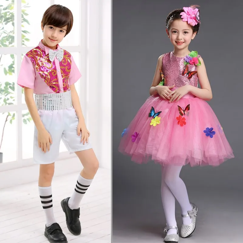 New sequin khiêu vũ váy hoa phù hợp với chàng trai cô gái màu hồng công chúa Dresses xù xì gạc ba lê tutu latin cho trẻ em trang phục biểu diễn