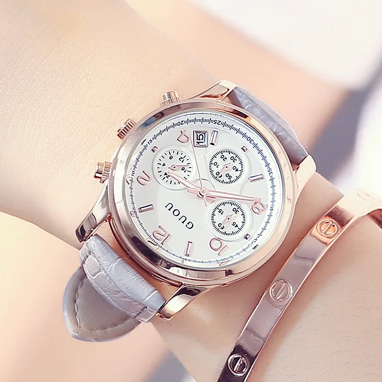 

2019 Lady Watch Triple Eye Multifunctional Digital Round leather watchband Classic Retro Leisure Quartz Women's Watch G8175