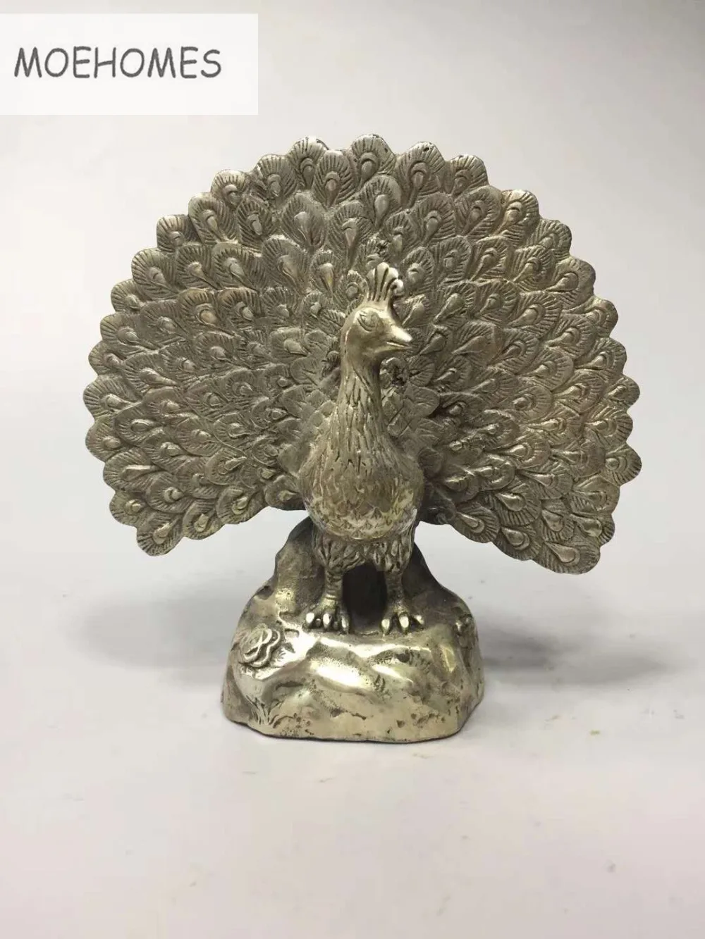 

MOEHOMES CHINA Collectible Decorated Old Handwork Tibet Silver Peacock Statue metal handicraft