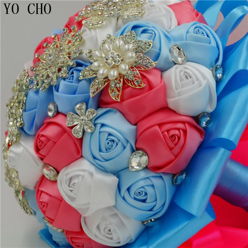 Blue Crystal Rhinestone Bridal Bouquets  Artificial Rose Flower  Wedding Bouquets  Jewelry Wedding Bouquets