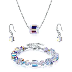 Luxury Colorful Beads Jewelry Sets Crystals From Austria Silver Color Cube Pendant Necklace Dangle Earrings Bracelet For Women