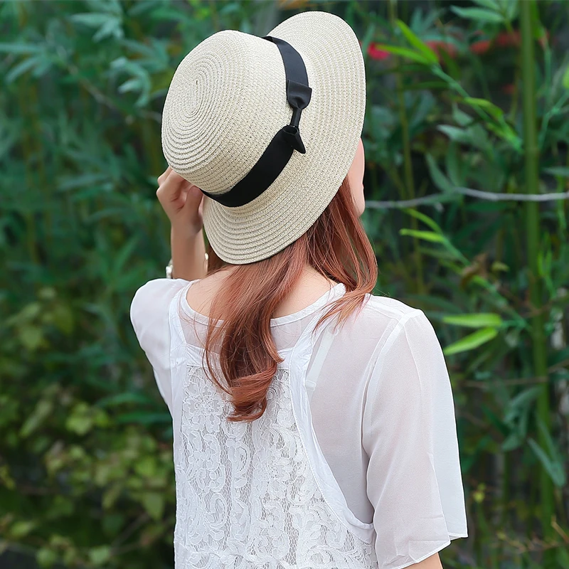 New Summer Women Boater Beach Hat Female Casual Panama Hat Lady Ribbon Classic Bowknot Flat Sun Hat Women Fedoras Travel
