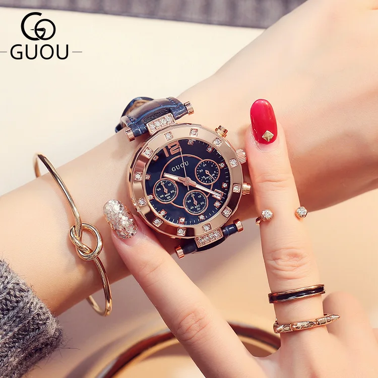 2018 GUOU Top Brand Fashion Luxury Women\'s Watches Ladies Watch Women Bracelet For Calendar Clock Leather relogio feminino saat