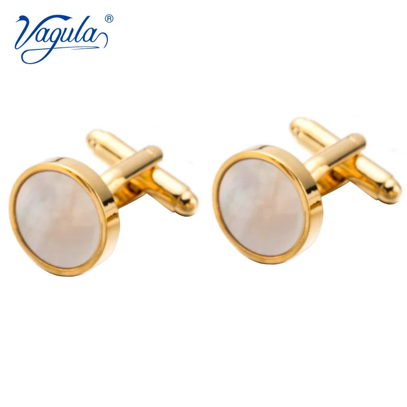 VAGULA Classic Gold-Color Plated Mother Pearl Copper Men\'s Cuff link Luxury gift Party Wedding Suit Shirt Buttons Cufflinks 718