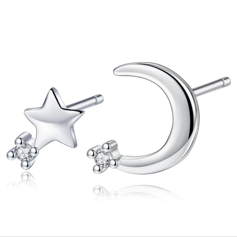 KOFSAC Fashion 925 Sterling Silver Earrings For Women Jewelry Shiny Zircon Asymmetry Star Moon Stud Earring Girl Birthday Gifts