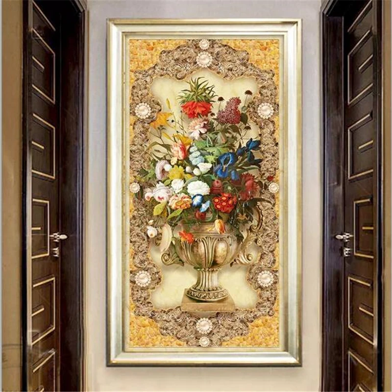 

Custom mural papier peint 3d photo wallpaper European pattern oil painting flower marble entrance room decor decorative painting