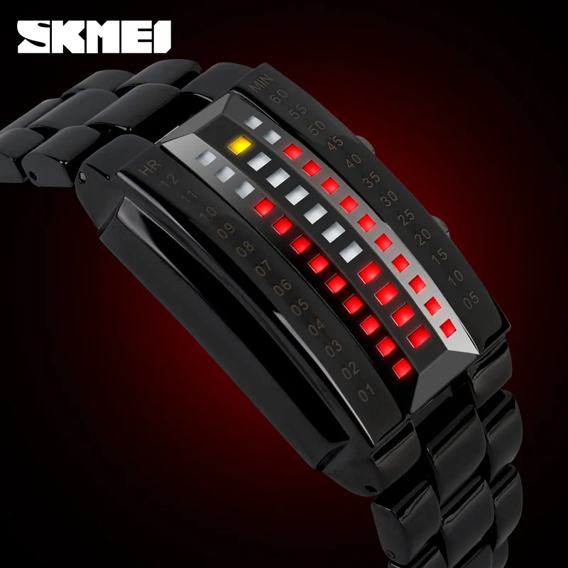 Luxury Men\'s Wristwatch Waterproof Men Fashion Stainless Steel Red Binary Luminous LED Electronic Display Sport Watches SKMEI