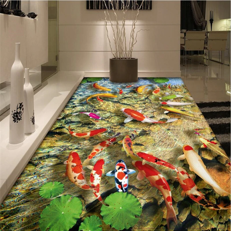 Beibehang lotus carpa auto-adesivo foto piso papel de parede rolo 3d hotel banheiro mural pvc papel de parede à prova dwaterproof água piso