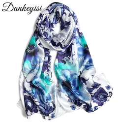 DANKEYISI Women Silk Scarf Floral Print Ladies Long Silk Scarf Shawl Real Silk Beach Shawl Cover Ups Women Silk Scarves Wraps