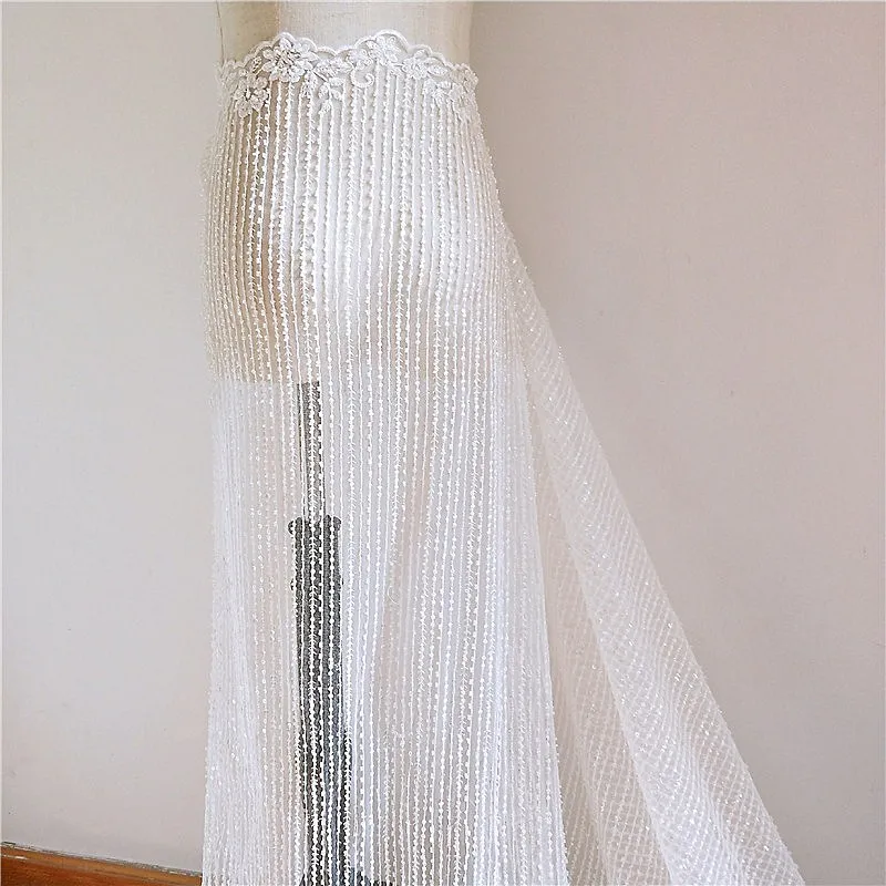 French Beaded Lace Fabric Mesh Sequin Vertical Stripes Wedding Dress Embroidery Fabric DIY Accessories RS656