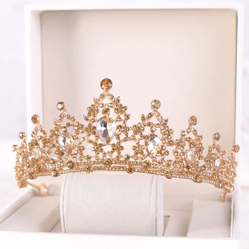 Baroque Gold Color Champagne Crystal Heart Bridal Tiara Crown Rhinestone Pageant Diadem Veil Tiara Headband Wedding Hair Jewelry