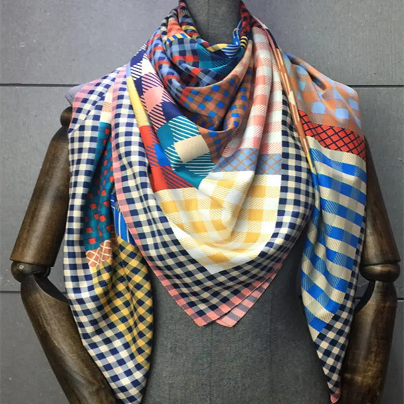 KOI LEAPING-bufanda de seda con estampado de celosía para mujer, pañuelo cuadrado grande, decoración, regalo para esposa, chal de alta calidad