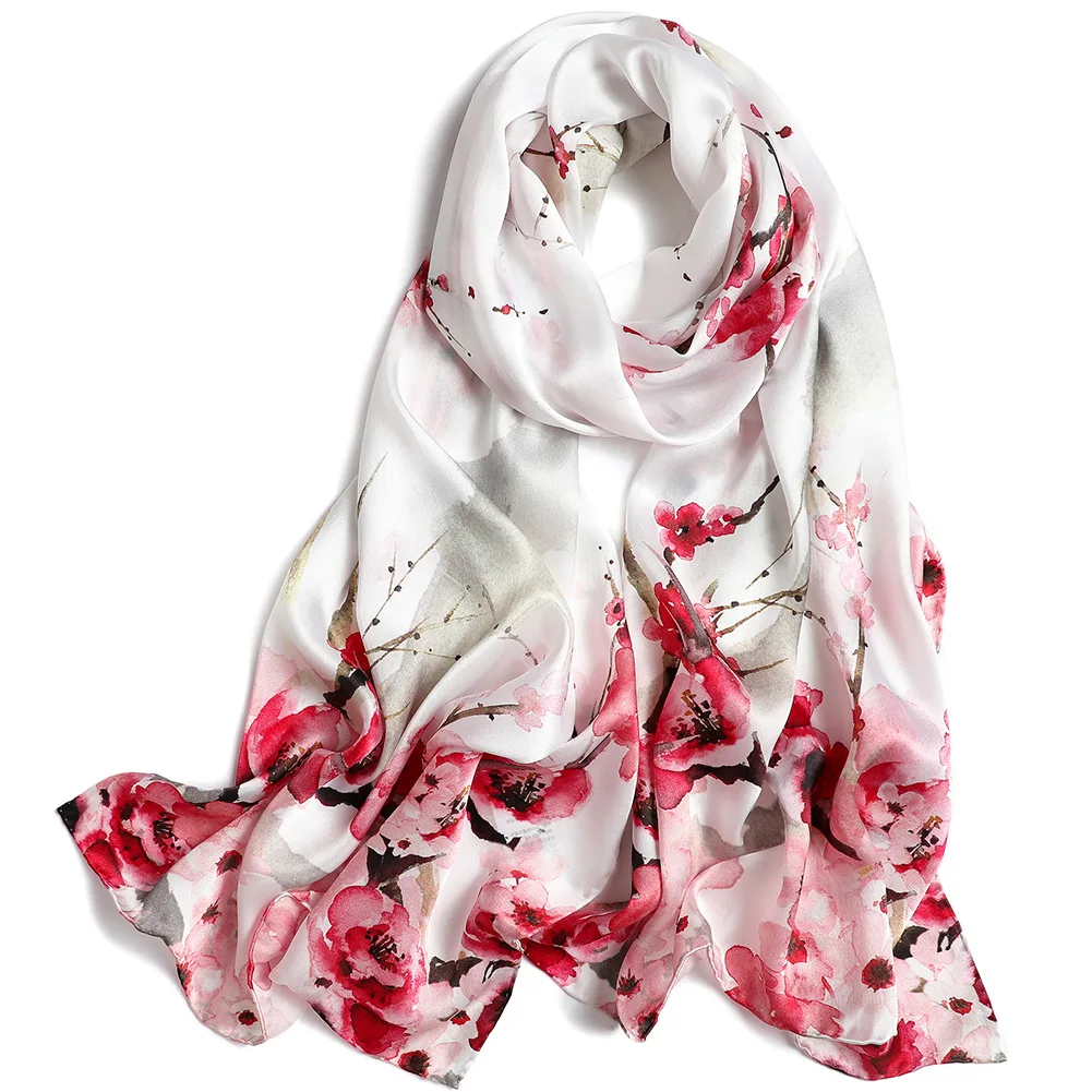 DANKEYISI Women Silk Scarf Floral Print Ladies Long Silk Scarf Shawl Real Silk Beach Shawl Cover Ups Women Silk Scarves Wraps