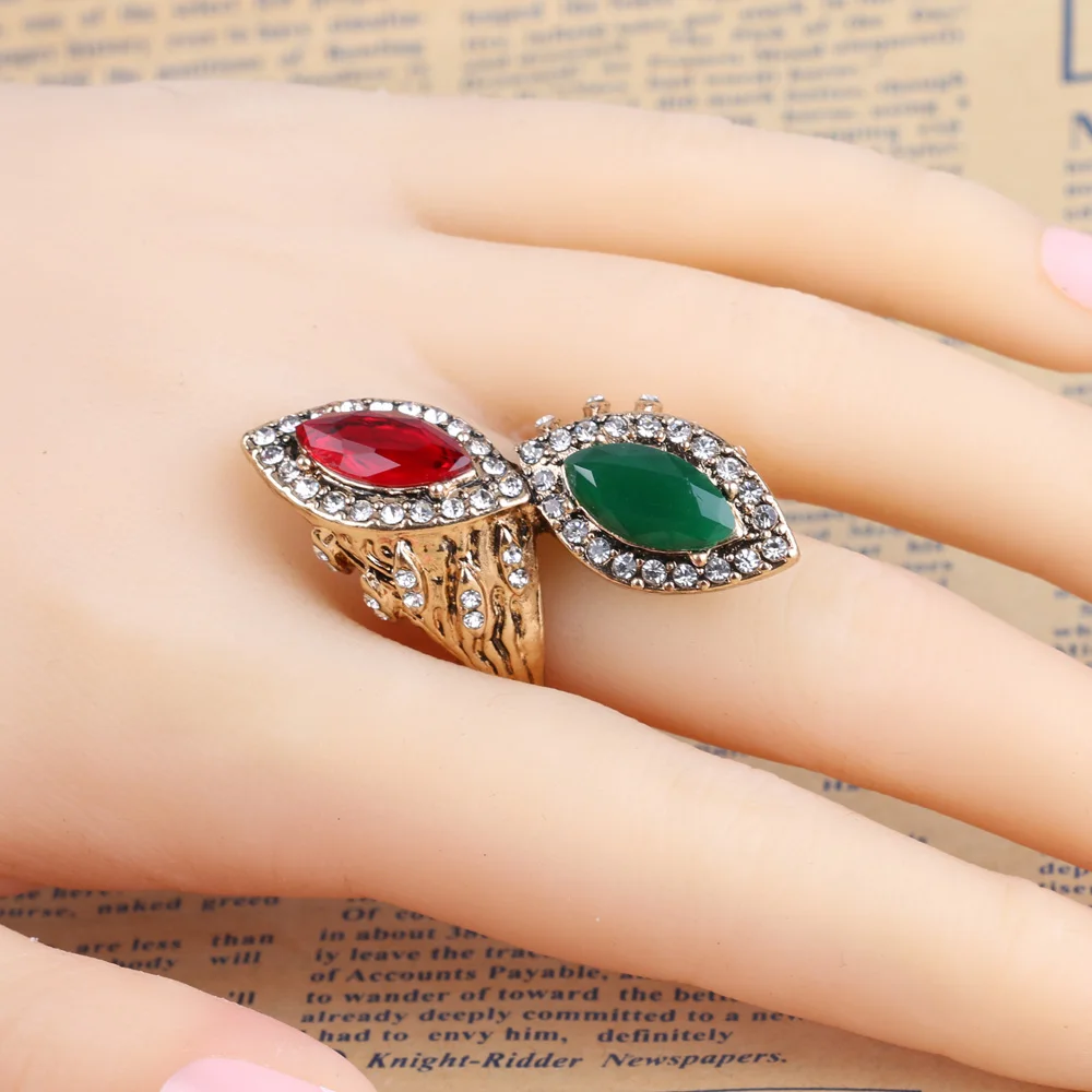 Kinel Vintage Red&Green Stone Rings For Women Antique Gold Crystal Engagement Ring Finger Party Accessories Turkish Jewelry