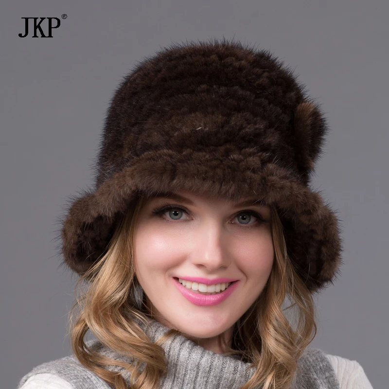 

JKP New Arrival 100% High Quality Real Knitted Mink Fur Hat For Women Winter Warm Genuine Fur Cap BZ-13