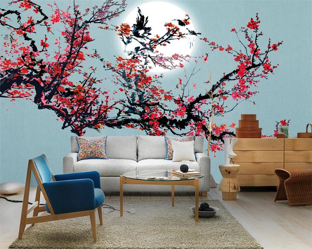 

Beibehang Custom wallpaper hand painted new chinese plum tv wall background living room bedroom background murals 3d wallpaper