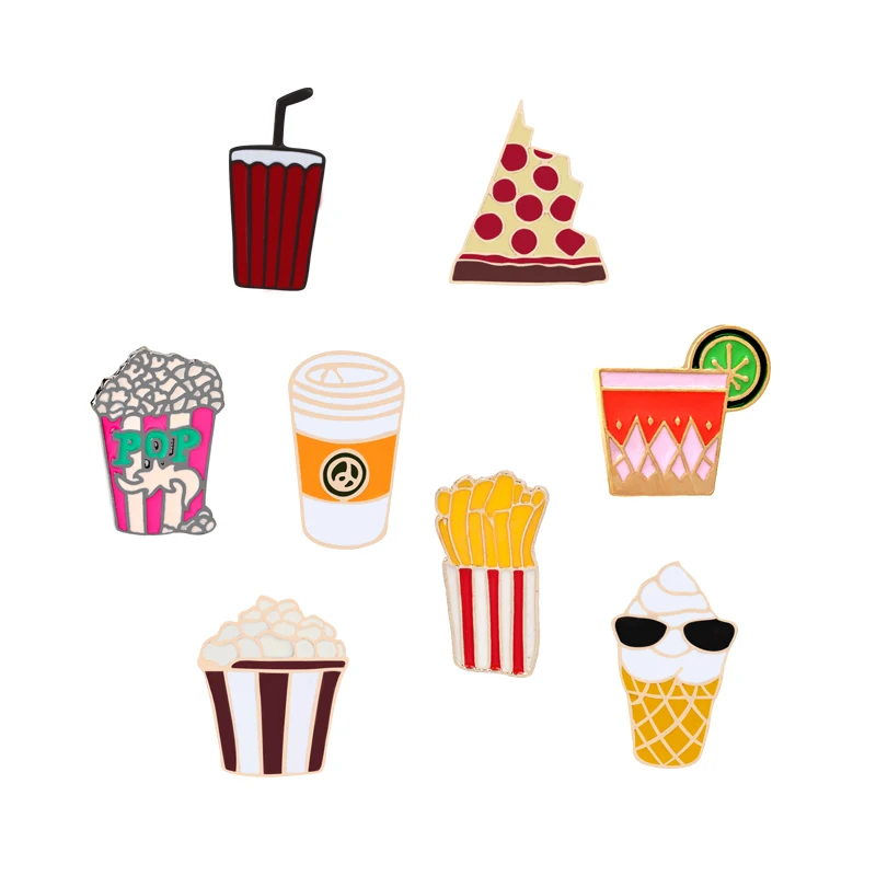 9 Style Cartoon Enamel Pin Fries Ice Cream Popcorn Pizza Orange Juice Child Food Lapel Brooches Badge Backpack Hat Metal jewelry