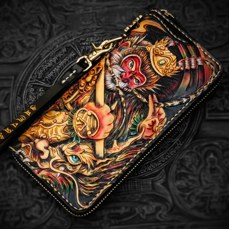 

Handmade Wallets Carving Journey to the West Sun WuKong Purses Men Long Clutch Vegetable Tanned Leather Wallet Card Holder