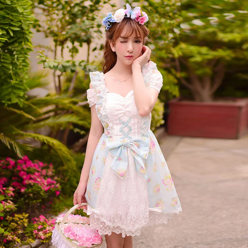 

Princess sweet lolita dress Candy rain Japanese style summer Dew shoulder off sweet bow lace floral chiffon dress C15AB5783