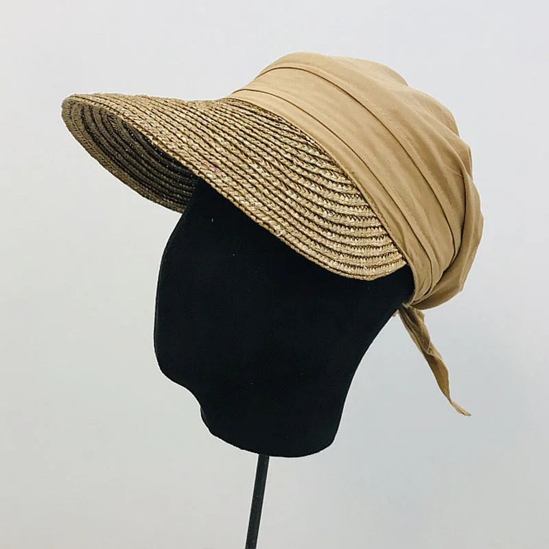 New Women Sun Cap Woven Straw Hat Visor Patchwork Breathable Cotton Turban Hat Baseball Style Summer Cap Casual Street Beach Cap