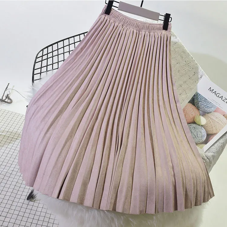 2024 Dwuwarstwowa wiosenna spódnica zamszowa dla kobiet Długie plisowane spódnice Top Marka Womens Saias Midi Faldas Vintage Women Midi Skirt