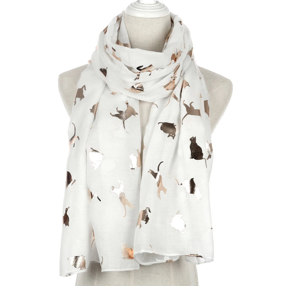 FOXMOTHER New Spring Summer Lovely Design Black White Navy Grey Foil Gold Glitter Cat Scarfs Women Girls Gifts