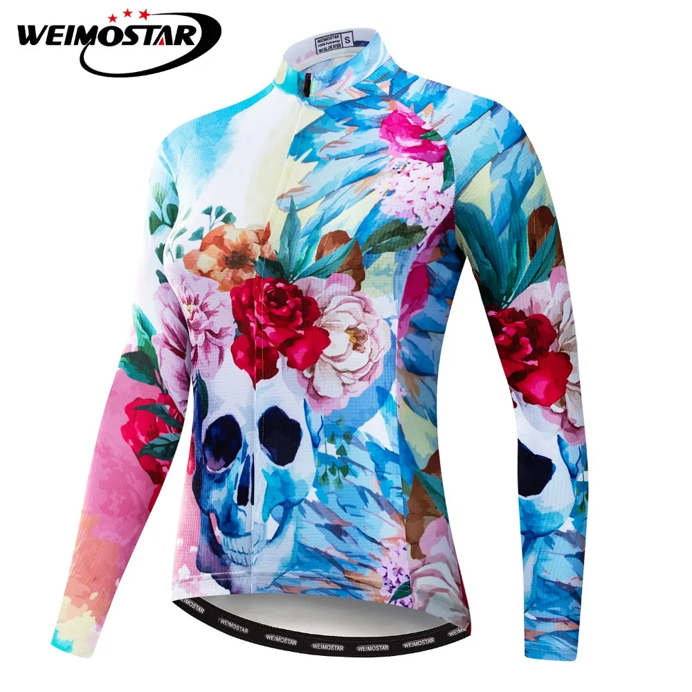 

Women Cycling Jersey Long Sleeve Skull Flowers Cycling Clothing Coat Bike Wear MTB Bicycle Clothes Breathable Quick Dry Pockets