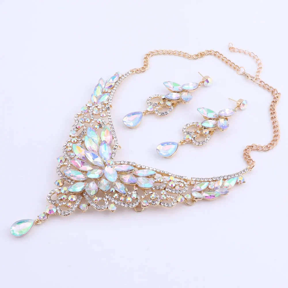 Wedding Jewelry Fashion Crystal Rhinestones Necklace Earrings set for Women Wedding Party Bridal Jewelry sets Gold Color