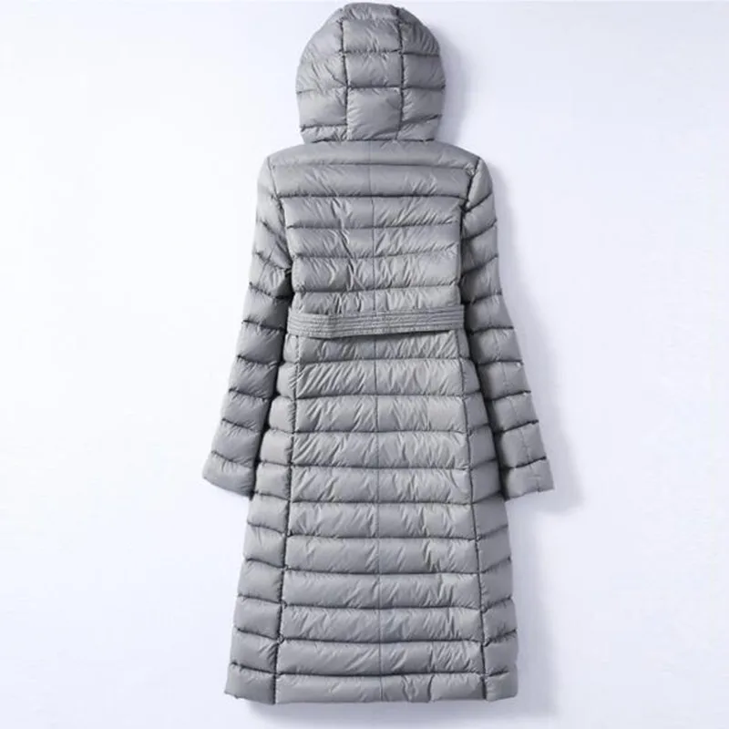 2022 Women Ultra Light White Duck Down Jacket Autumn Winter Long Down Parkas Female Warm Hooded Puffer Coat Outerwear With Belt