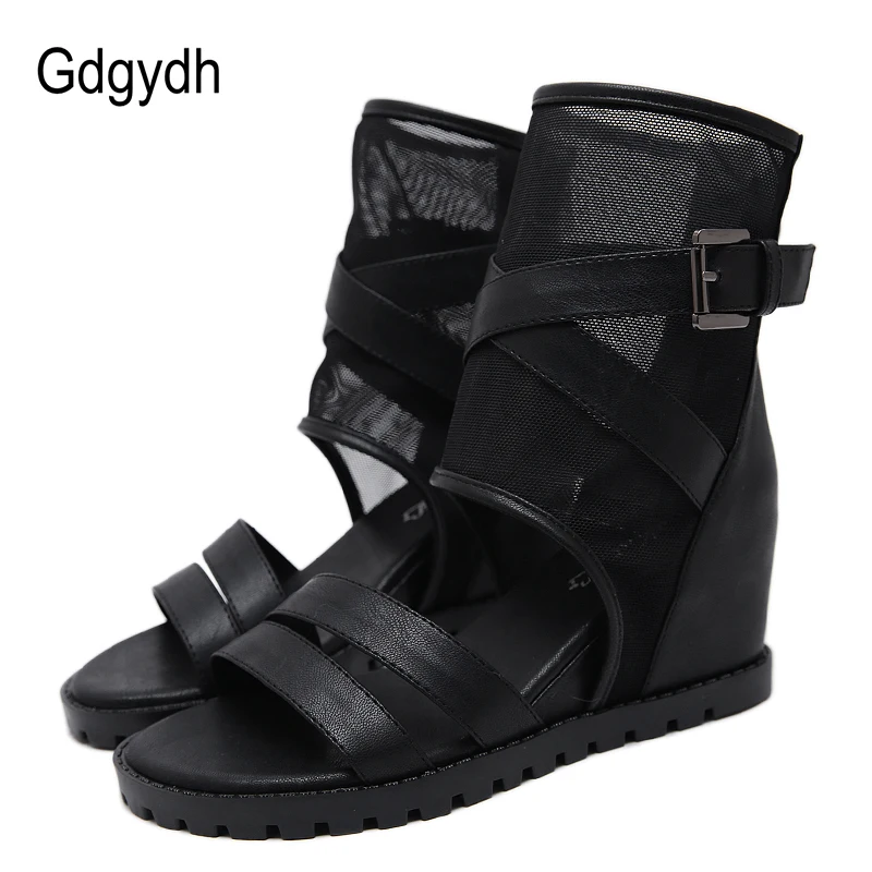 Gdgydh Ankle Strap Sandals Woman Wedge Air Mesh Punk Shoes Black Summer Sandal Shoes For Women Casual Shoes 2022 Good Quality