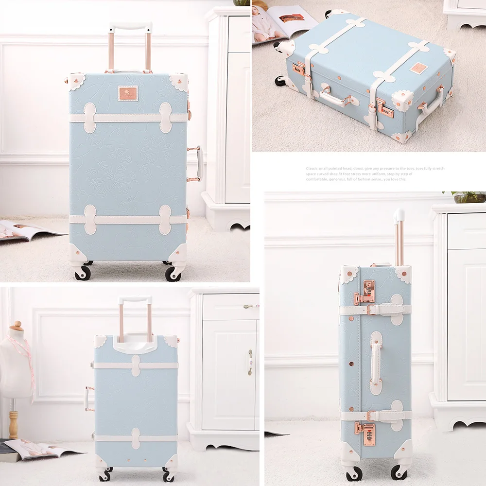 UNIWALKER Luce Blu Retro Trolley con Asta Regolabile Ruote Filatore Vintage Carino Valigia per Le Donne Portano Su