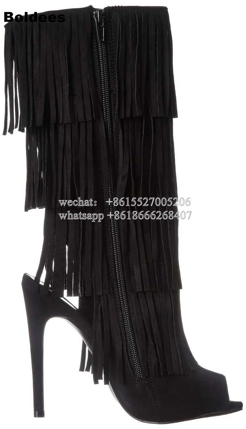 

Fashion Black Tassel Designer Black Suede Leather High Heel Boots Women Autunm Spring Open Toe Thin High Heels