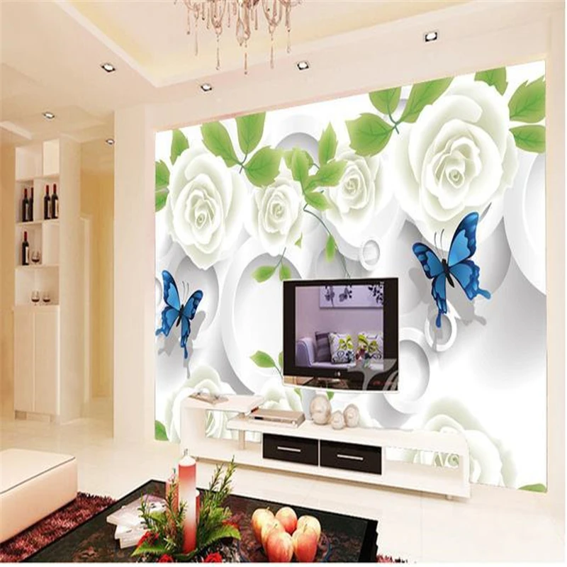 

beibehang Mural 3d TV backpack wall paper silk cloth butterfly white rose murals 3d eco-friendly wallpaper for wallpaper photo