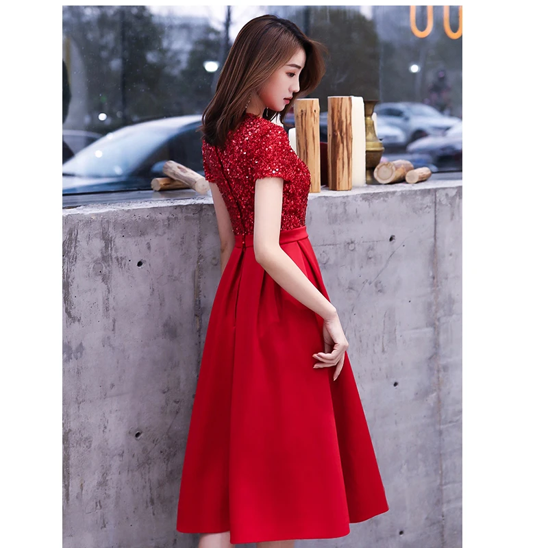 it\'s YiiYa Prom Dress Red Sequins Kneel-Length Dresses Short Sleeves Zip Women Party Night Vestidos de Gala Plus Size 2019 E455