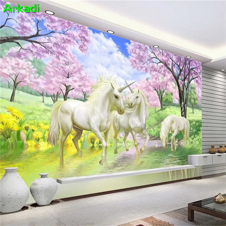 

Custom 3D Mural Unicorn Dream Cherry Grass TV Background Wall Pictures for Kids Room Bedroom Living Room Wallpaper