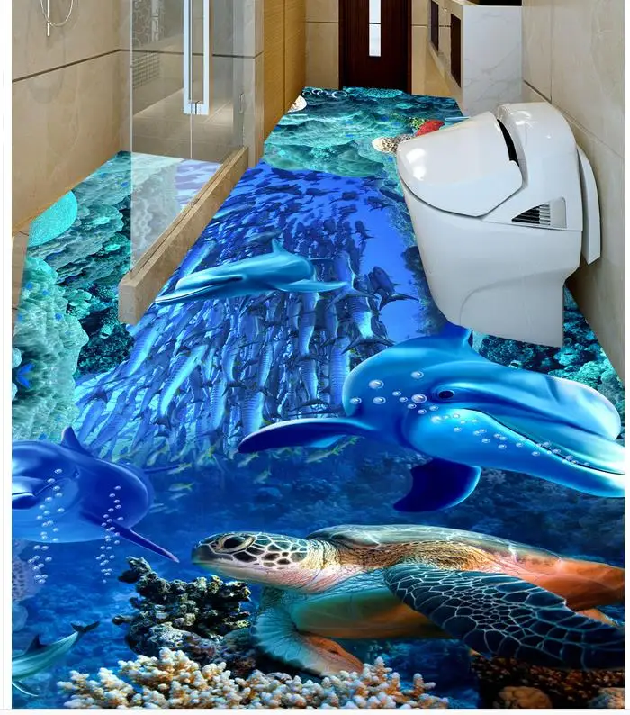 

3D Wallpaper 3D Floor Modern Art Ocean World Dolphin Floor Tiles Floor Painting Self-adhesive PVC Wallpaper 3D Floor