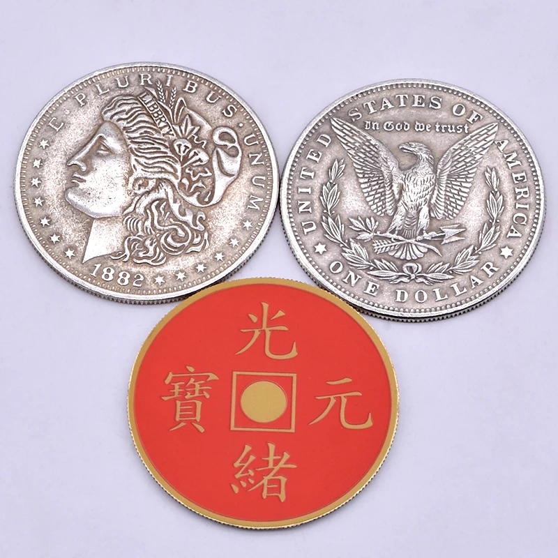 Colorful Coin (Morgan version) Magic Tricks One Coin to Three Color Change Appear Vanish Coin Magia Close Up Gimmick Props Funny