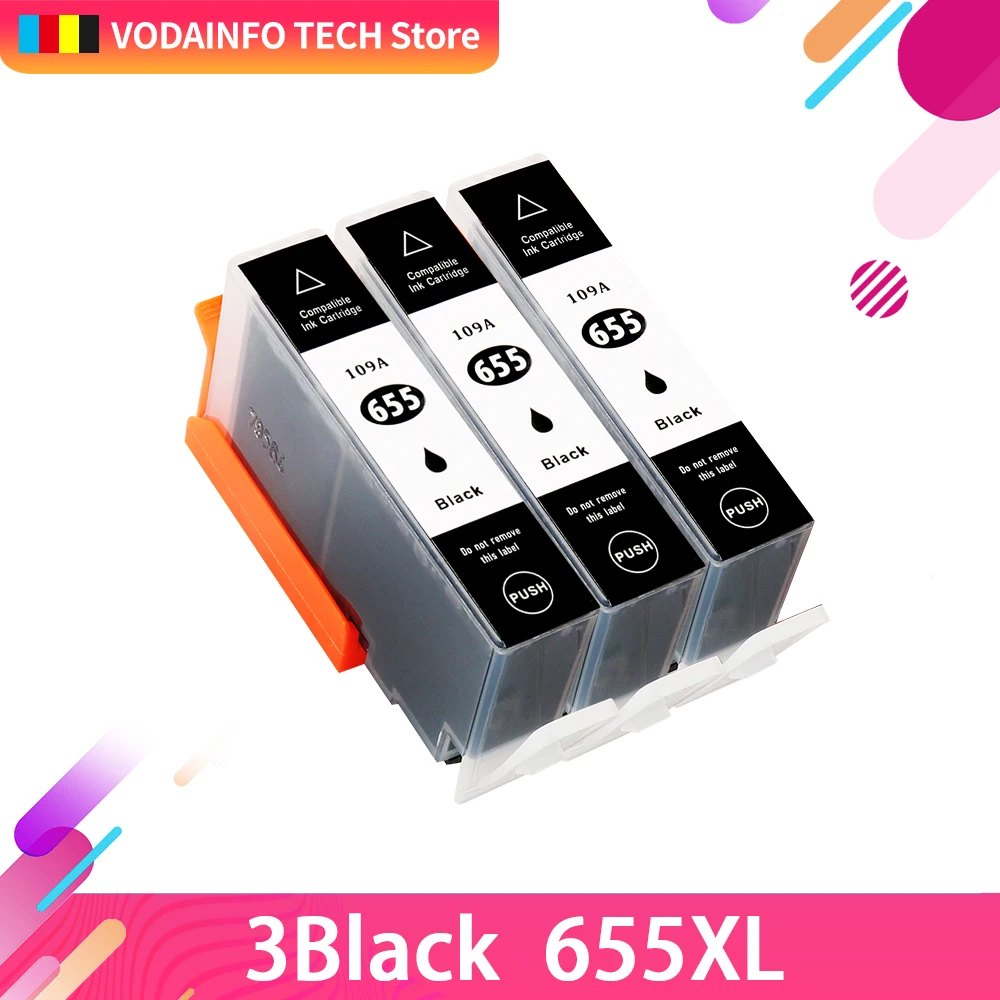 QSYRAINBOW 3PCS Compatible for HP 655 HP655  BK Ink Cartridge with chip For HP Deskjet 3525 4615 4625 5525 6520 6525 6625