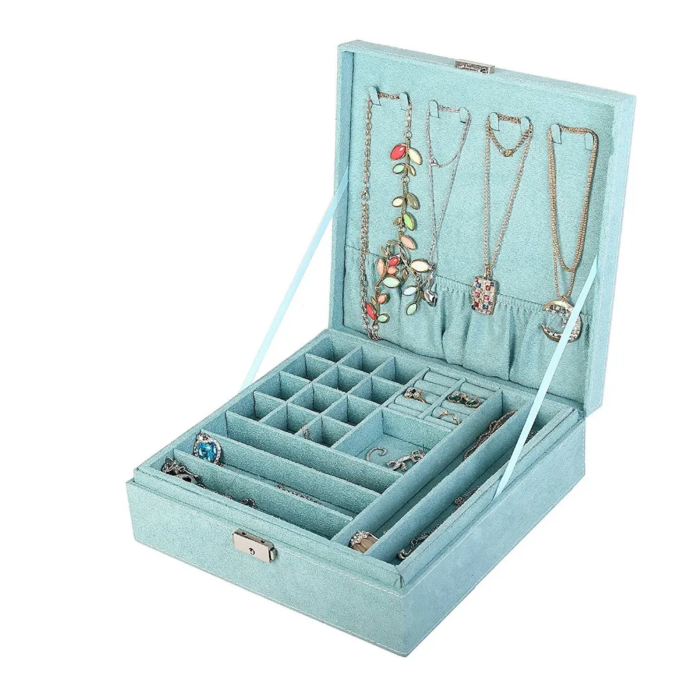 Large Best Selling Fashion Flannel Square Jewelry Box Simple layout 2 Layers Makeup Organizer choker Ring necklace Storage Box