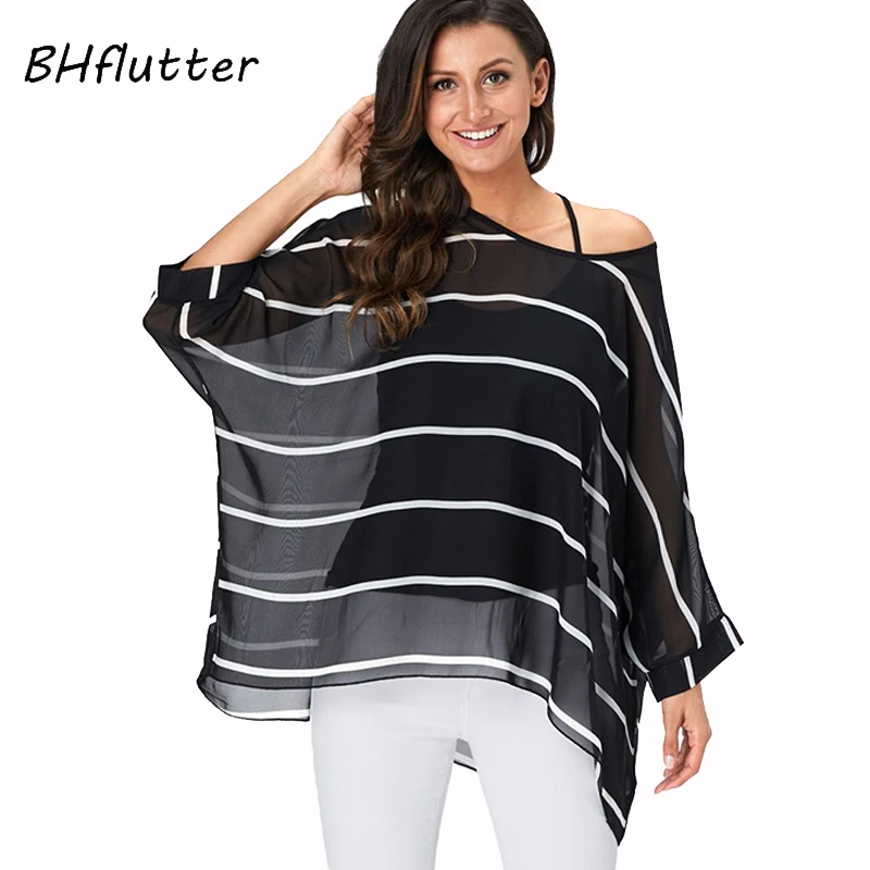 Blusa Bhflutter-chiffon com estampa de leopardo para as mulheres, blusa sexy, off-the-ombro, tamanho grande 4xl 5xl 6xl, verão 2019