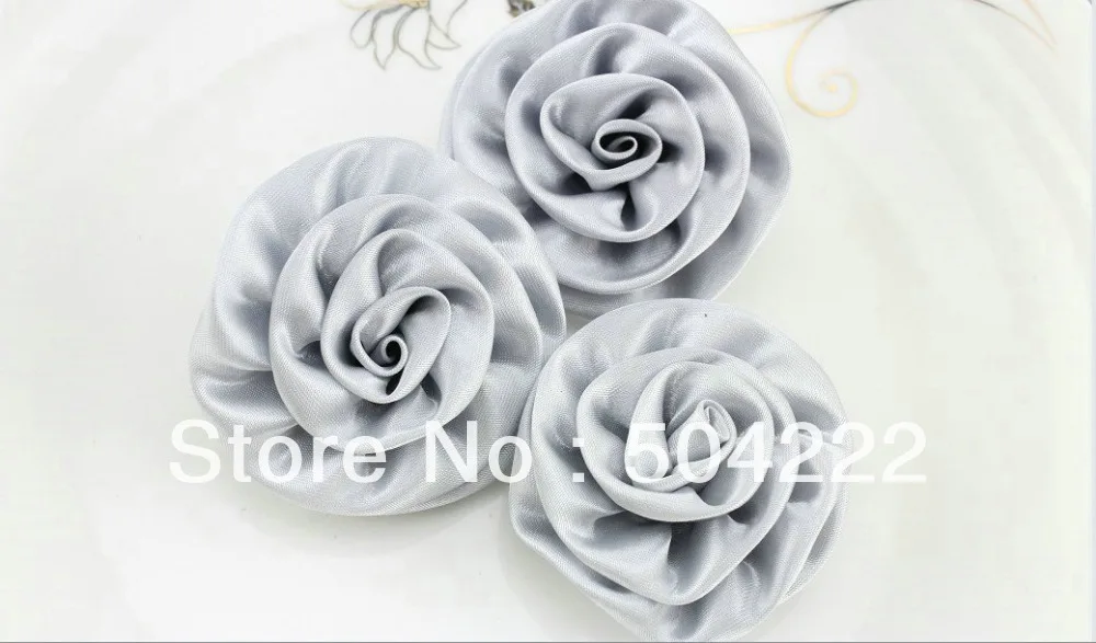 70pcs hand made shiny silver rosette Satin rolled Ribbon Fabric Flowers 55mm