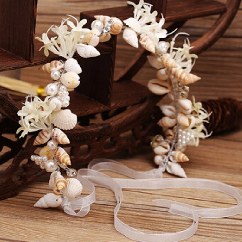 Promotion Seaside Romantic Fashion Shell Artificial Flowers Luxury Wedding Bridal Crowns Headbands Tiara Rhinestone Hair Band