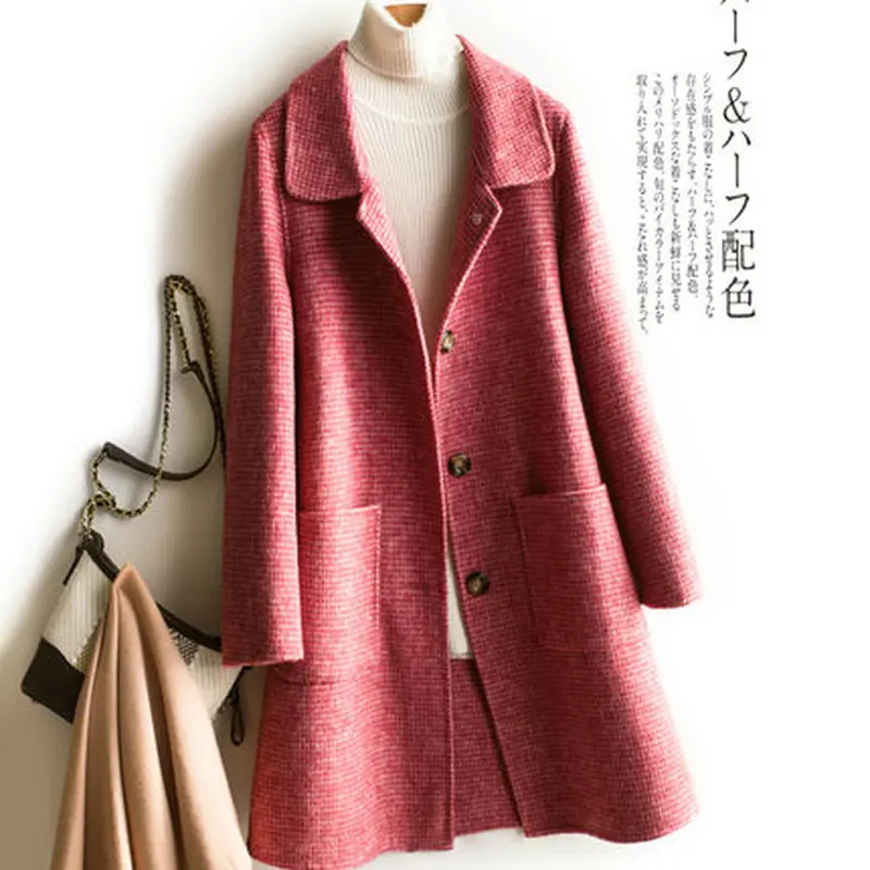 

New high-end square collar houndstooth double-faced cashmere coat women's long section Hepburn wind wool 100% woolen coat