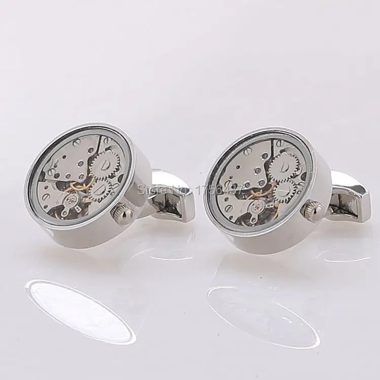 Lepton New 2015 Non-Functional Watch Cufflinks and Cover glass with silver color frame on Movement cuff links for mens Gift